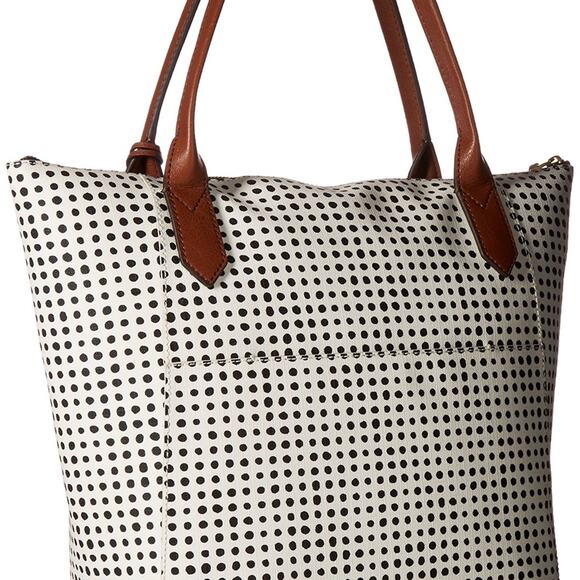 Fossil Handbags - FOSSIL Emma Tote White with Black Polka Dots Brown Trim Handbag Coated Canvas